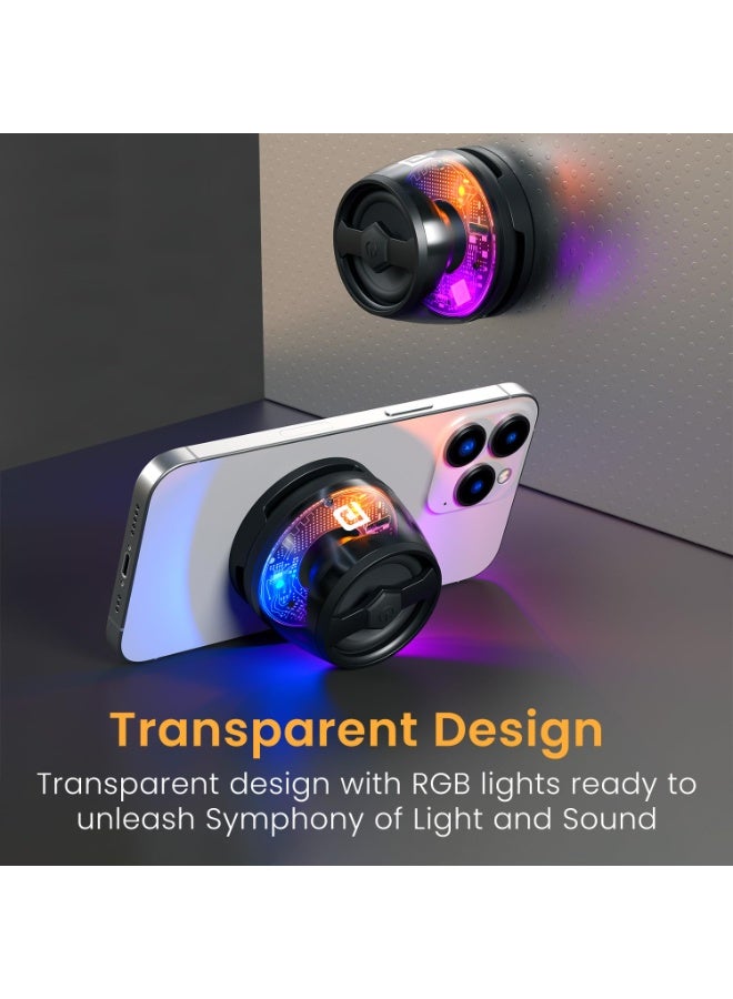 بورترونيكس Portronics Nadya 6W Magnetic Bluetooth Speaker with MagSafe Mobile Stand, HD Sound, Upto 4 Hours Playtime, 40mm Driver, RGB LED Lights, Bluetooth 5.3V, Transparent Speaker, Type C Charging(Black) - Image 3